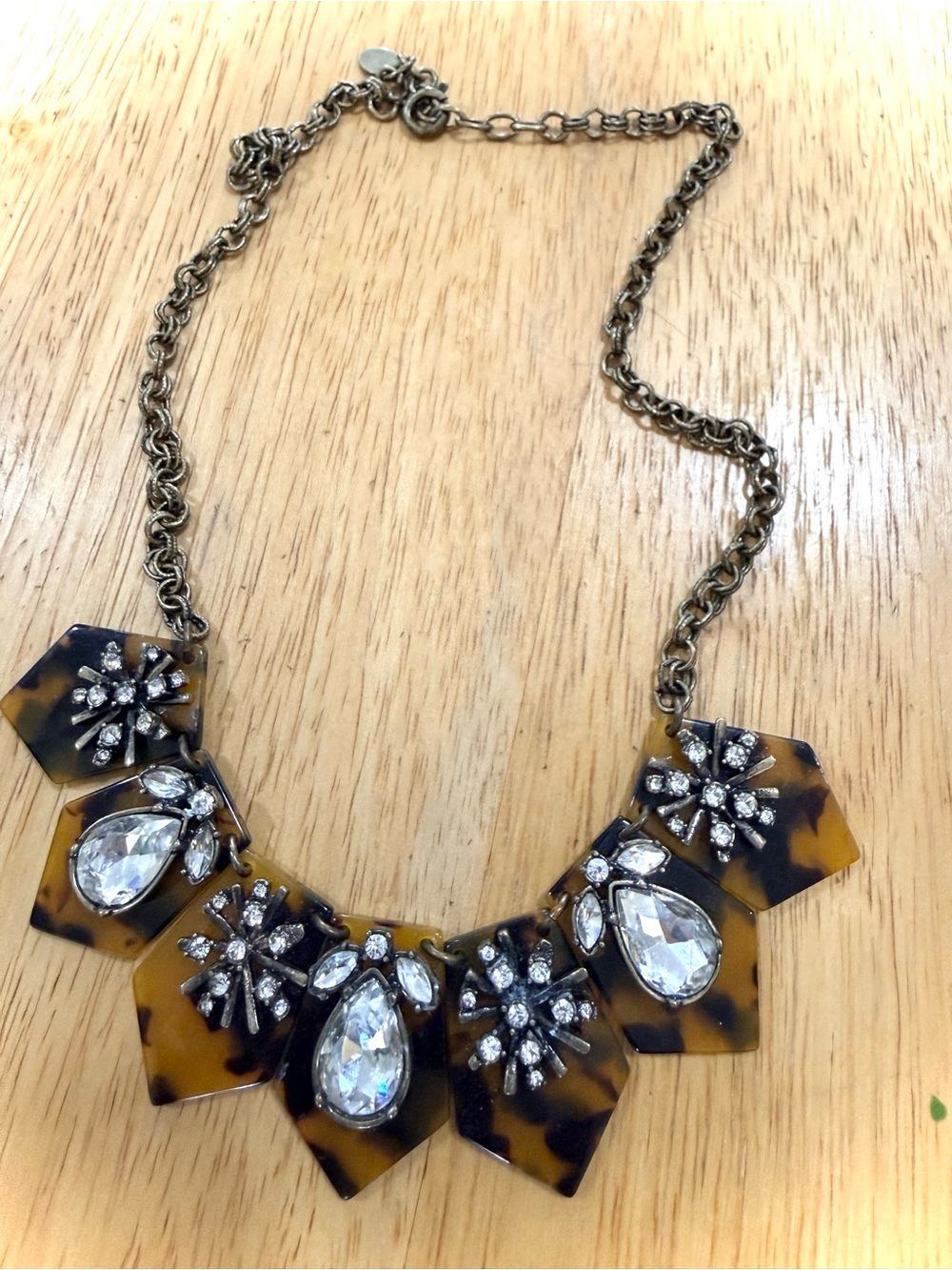 Vintage LOFT Tortoise Shell Crystal Rhinestone Statement Bib Necklace